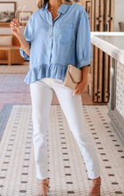 Load image into Gallery viewer, Pre-Order Beau Blue Half Sleeve Button Down Ruffled High Low Chambray Shirt