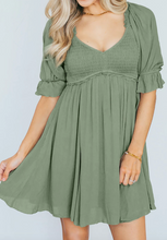 Load image into Gallery viewer, Pre-Order Short Sleeve Shirred Waist V-Neck Textured Mini Dresses