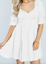 Load image into Gallery viewer, Pre-Order Short Sleeve Shirred Waist V-Neck Textured Mini Dresses