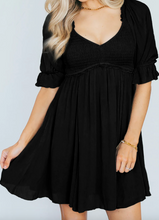 Load image into Gallery viewer, Pre-Order Short Sleeve Shirred Waist V-Neck Textured Mini Dresses