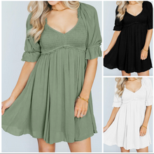 Load image into Gallery viewer, Pre-Order Short Sleeve Shirred Waist V-Neck Textured Mini Dresses