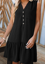 Load image into Gallery viewer, Pre-Order Black Sleeveless Button Front Tiered V Neck Textured Mini Dress