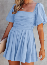 Load image into Gallery viewer, Pre-Order Blue Square Neck Ruched Puff Sleeve Romper