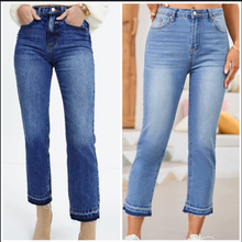 Load image into Gallery viewer, Pre-Order Whiskered Wash Raw Hem Cropped Jeans