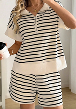 Load image into Gallery viewer, Pre-Order Black Stripe Ribbed Color Block Trim Zip Polo Tee Drawstring Shorts 2pcs Outfit