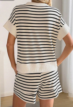 Load image into Gallery viewer, Pre-Order Black Stripe Ribbed Color Block Trim Zip Polo Tee Drawstring Shorts 2pcs Outfit