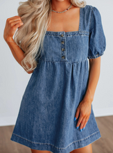 Load image into Gallery viewer, Pre-Order Prussian Blue Button Square Neck Short Puff Sleeve Denim Mini Dress