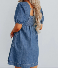 Load image into Gallery viewer, Pre-Order Prussian Blue Button Square Neck Short Puff Sleeve Denim Mini Dress