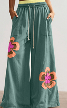 Load image into Gallery viewer, Pre-Order Sea Green Color Block Flower Patchwork Drawstring Contrasted Elastic Waist Wide Leg Pants