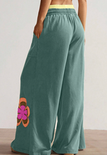 Load image into Gallery viewer, Pre-Order Sea Green Color Block Flower Patchwork Drawstring Contrasted Elastic Waist Wide Leg Pants