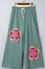 Load image into Gallery viewer, Pre-Order Sea Green Color Block Flower Patchwork Drawstring Contrasted Elastic Waist Wide Leg Pants