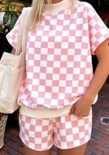 Load image into Gallery viewer, Pre-Order Pink Checkered Print Color Block Trim Mock Neck Short Set