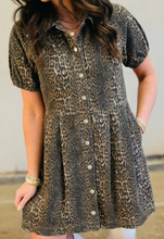 Load image into Gallery viewer, Pre-Order  Leopard Print Short Sleeve Pleated Denim Mini Dress