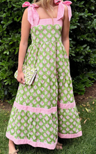 Load image into Gallery viewer, Pre-Order Green Floral Print Striped Detail Knot Straps Maxi Dress