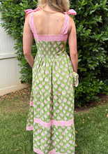 Load image into Gallery viewer, Pre-Order Green Floral Print Striped Detail Knot Straps Maxi Dress
