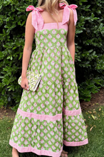 Load image into Gallery viewer, Pre-Order Green Floral Print Striped Detail Knot Straps Maxi Dress