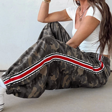 Load image into Gallery viewer, Pre-OrderGreen Camouflage Print Striped Side Panel Patchwork Drawstring Pants