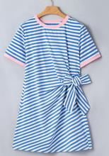 Load image into Gallery viewer, Pre-Order Sky Blue Stripe Nautical Tie Contrast Trim Round Neck T Shirt Mini Dress