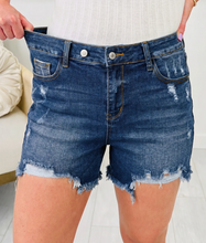 Load image into Gallery viewer, Pre-Order Sail Blue Asymmetric Raw Hem Distressed Whiskery Denim Shorts