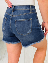 Load image into Gallery viewer, Pre-Order Sail Blue Asymmetric Raw Hem Distressed Whiskery Denim Shorts