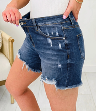 Load image into Gallery viewer, Pre-Order Sail Blue Asymmetric Raw Hem Distressed Whiskery Denim Shorts