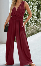 Load image into Gallery viewer, Pre-Order Burgundy Deep V Pleated Crisscross Wide Leg Backless Jumpsuit