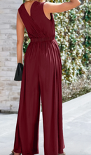 Load image into Gallery viewer, Pre-Order Burgundy Deep V Pleated Crisscross Wide Leg Backless Jumpsuit