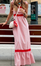 Load image into Gallery viewer, Pre-Order Red Stripe Bow Knot Straps Contrast Trim High Waist Ruffle Hem Maxi Dress