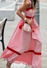 Load image into Gallery viewer, Pre-Order Red Stripe Bow Knot Straps Contrast Trim High Waist Ruffle Hem Maxi Dress