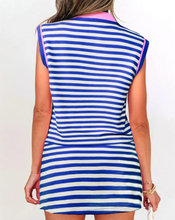 Load image into Gallery viewer, Pre-Order Dark Blue Textured Stripe Print Contrast Trim Zip Collar Sleeveless 2pcs Skort Set