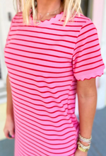 Load image into Gallery viewer, Pre-Order Rose Stripe Striped Short Sleeve Scalloped Trim Side Slit T-Shirt Dress
