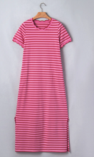 Load image into Gallery viewer, Pre-Order Rose Stripe Striped Short Sleeve Scalloped Trim Side Slit T-Shirt Dress