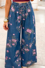 Load image into Gallery viewer, Pre-OrderBlue Retro Floral Print Tie Elastic Waist Button Pintuck Wide Leg Jeans