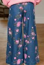 Load image into Gallery viewer, Pre-OrderBlue Retro Floral Print Tie Elastic Waist Button Pintuck Wide Leg Jeans
