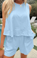 Load image into Gallery viewer, Pre-Order Mist Blue Stitched Detail Loose Tank Top 2pcs Short Set