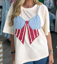 Load image into Gallery viewer, Pre-Order White Loose Knit Vintage Flag Bow Patched T Shirt