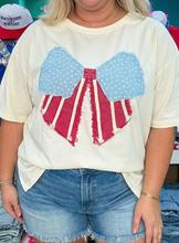 Load image into Gallery viewer, Pre-Order White Loose Knit Vintage Flag Bow Patched T Shirt