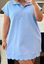 Load image into Gallery viewer, Pre-Order  Blue Solid Color Snap Button Polo Collar Short Sleeve Scallop Hem Mini Dress