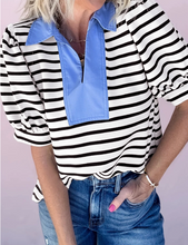 Load image into Gallery viewer, Pre-Order Black Stripe Short Puff Sleeve Color Block Polo Collar Blouse