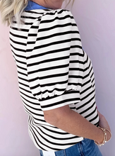 Load image into Gallery viewer, Pre-Order Black Stripe Short Puff Sleeve Color Block Polo Collar Blouse