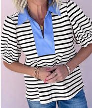 Load image into Gallery viewer, Pre-Order Black Stripe Short Puff Sleeve Color Block Polo Collar Blouse