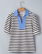 Load image into Gallery viewer, Pre-Order Black Stripe Short Puff Sleeve Color Block Polo Collar Blouse