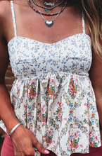 Load image into Gallery viewer, Pre-Order White Contrast Floral Printed Patchwork Spaghetti Straps Babydoll Top
