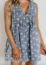 Load image into Gallery viewer, Pre-Order Sky Blue Polka Dot Print Tie V Neck Pleated Loose Denim Romper