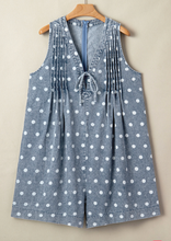 Load image into Gallery viewer, Pre-Order Sky Blue Polka Dot Print Tie V Neck Pleated Loose Denim Romper