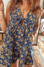 Load image into Gallery viewer, Pre-Order Blue Retro Floral Print Bow Tie V Neck Sleeveless Pleated Loose Denim Romper