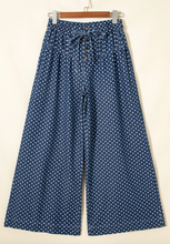 Load image into Gallery viewer, Pre-Order Blue Polka Dot Print Button Pleated Detail Wide Leg Jeans
