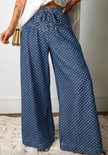Load image into Gallery viewer, Pre-Order Blue Polka Dot Print Button Pleated Detail Wide Leg Jeans
