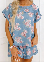 Load image into Gallery viewer, Pre-Order Blue Retro Floral Print Cuffed Short Sleeve Denim Top and Shorts Set