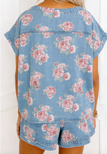 Load image into Gallery viewer, Pre-Order Blue Retro Floral Print Cuffed Short Sleeve Denim Top and Shorts Set